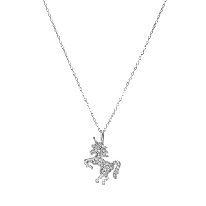 Collier enfant en argent rhodi massif chane avec pendentif licorne pave d\'oxydes blancs sertis 38+5cm - Vue 2