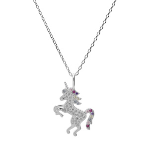 Coller argent rhodi pendentif massif chane avec pendentif licorne oxydes multi couleurs sertis 38+5cm - Vue 2