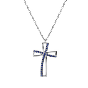 Collier en argent rhodié chaîne avec pendentif croix et oxydse bleus sertis longueur 40+5cm - Vue 2