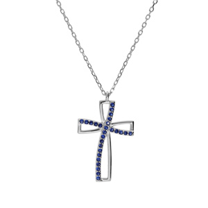 Collier en argent rhodi chane avec pendentif croix et oxydse bleus sertis longueur 40+5cm - Vue 2