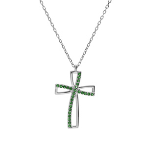 Collier en argent rhodi chane avec pendentif croix et oxydes verts sertis longueur 40+5cm - Vue 2