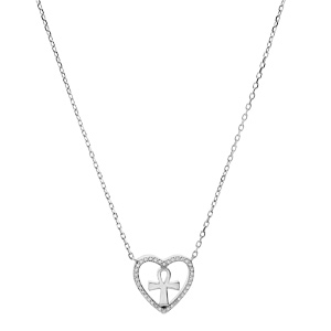 Collier en argent rhodi chane avec pendentif coeur vid et croix lisse contour oxydes blancs sertis 40+5cm - Vue 2