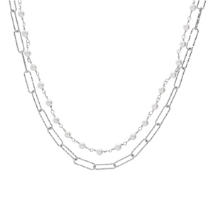 Collier en argent rhodi chane double maille rectangulaire et perles blanches de synthse 40+5cm - Vue 2