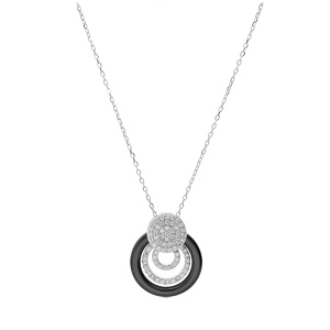 Collier en argent rhodi massif chane avec pendentif anneau cramique noire et pastilles oxydes blancs sertis 40+5cm - Vue 2