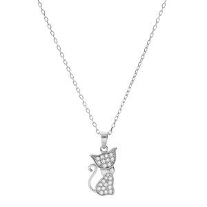 Collier en argent rhodi chane avec pendentif chat oxydes blancs sertis 43cm rglable 41 et 39cm - Vue 2