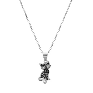 Collier en argent rhodi chane avec pendentif chat oxydes noirs sertis 43cm rglable 41 et 39cm - Vue 2