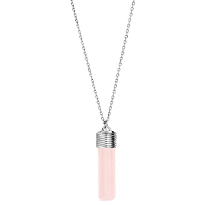 Collier en argent rhodié avec Pendentif tube quartz rose véritable 42+3cm - Vue 2