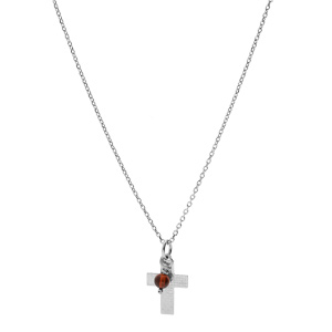 Collier en argent rhodi chane avec pendentif croix quadrillage et boule Ambre vritable 42+3cm - Vue 2