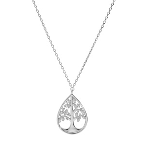 Collier en argent rhodi chane avec pendentif goutte motif arbre de vie oxydes blancs sertis 40+3,5cm - Vue 2