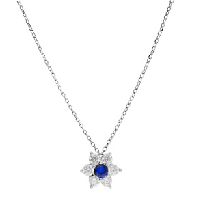 Collier en argent rhodi chane avec pendentif marguerite en oxydes bleu fonc au centre et contour blancs sertis 40+5cm - Vue 2