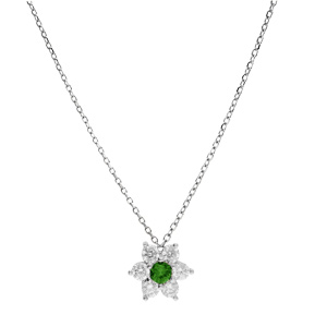 Collier en argent rhodi chane avec pendentif marguerite en oxydes vert fonc au centre et contour blancs sertis 40+5cm - Vue 2