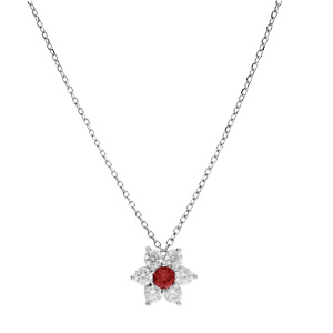 Collier en argent rhodi chane avec pendentif marguerite en oxydes rouge fonc au centre et contour blancs sertis 40+5cm - Vue 2