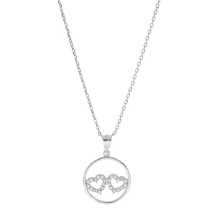 Collier en argent rhodi chane avec pendentif cercle double coeur pavs d\'oxydes blancs 40+5cm - Vue 2