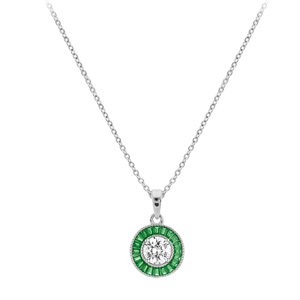 Collier en argent rhodi chane avec pendentif rond centre oxyde blanc et contour oxydes rectangulaires verts 40+5cm - Vue 2