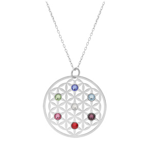 Collier en argent rhodi chane avec grand pendentif fleur de vie oxydes multi couleurs 40+5cm - Vue 2