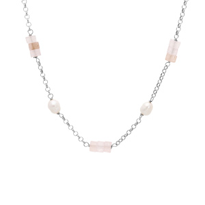 Collier en argent platin chane avec rondelles de Quartz rose vritable et Perles de Culture d\'eau douce 40+5cm - Vue 2