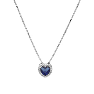 Collier en argent rhodi avec pendentif coeur oxyde bleu fonc et contour oxydes blancs sertis 42+3cm - Vue 2