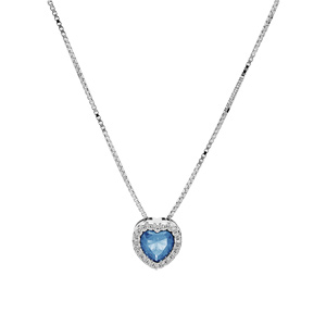 Collier en argent rhodi avec pendentif coeur oxyde bleu ciel et contour oxydes blancs sertis 42+3cm - Vue 2