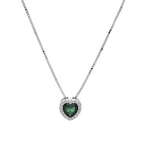 Collier en argent rhodi avec pendentif coeur oxyde vert et contour oxydes blancs sertis 42+3cm - Vue 2