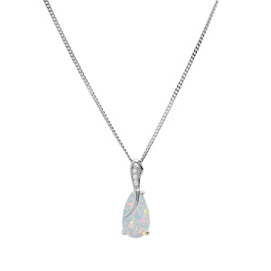Collier en argent rhodi chane avec pendentif Opale blanche de synthse forme de goutte et oxydes blancs sertis 42+3cm - Vue 2
