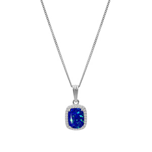Collier en argent rhodi chane avec pendentif carr Opale bleu fonc de synthse et oxydes blancs sertis 42+3cm - Vue 2