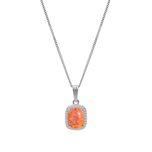 Collier en argent rhodi chane avec pendentif carr Opale orange de synthse et oxydes blancs sertis 42+3cm - Vue 2