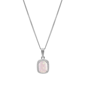 Collier en argent rhodi chane avec pendentif carr Opale rose de synthse et oxydes blancs sertis 42+3cm - Vue 2