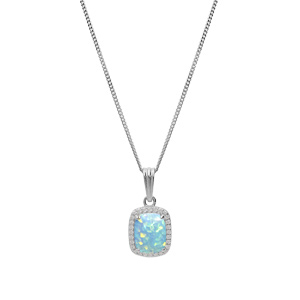 Collier en argent rhodi chane avec pendentif carr Opale turquoise de synthse et oxydes blancs sertis 42+3cm - Vue 2