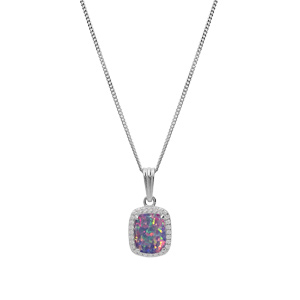 Collier en argent rhodi chane avec pendentif carr Opale violet de synthse et oxydes blancs sertis 42+3cm - Vue 2