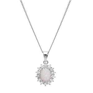 Collier en argent rhodi chane avec pendentif Opale blanche de synthse et oxydes blancs sertis 42+3cm - Vue 2