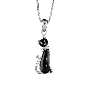Collier en argent rhodi chane avec pendentif chat noir - longueur 42cm - Vue 2