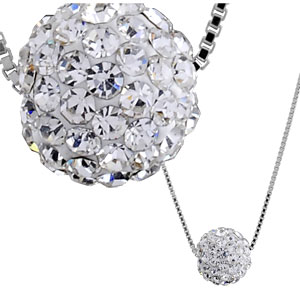 Collier en argent rhodi chane avec pendentif grosse boule en rsine et strass blancs - longueur 38cm + 5cm de rallonge - Vue 2