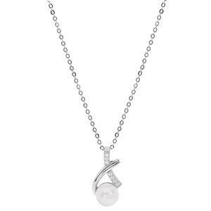 Collier en argent rhodi chane avec pendentif perle de culture d\'eau douce blanche et oxydes blancs sertis 42+3cm - Vue 2