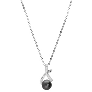 Collier en argent rhodi chane avec pendentif drap Perle de Tahiti 7mm et oxydes blancs sertis 42+3cm - Vue 2