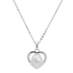 Collier en argent rhodi chane avec pendentif coeur avec perle de culture d\'eau douce blanche et oxydes blancs sertis 42+3cm - Vue 2