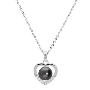 Collier en argent rhodi chane avec pendentif coeur et Perle de culture de Tahiti vritable 7mm et oxydes blancs sertis 42+3cm - Vue 2