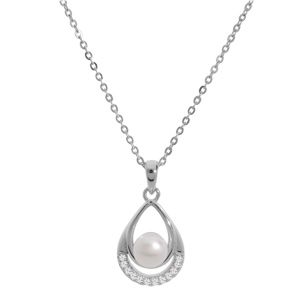 Collier en argent rhodi chane avec pendentif perle de culture d\'eau douce blanche dans goutte et oxydes blancs sertis 42+3cm - Vue 2