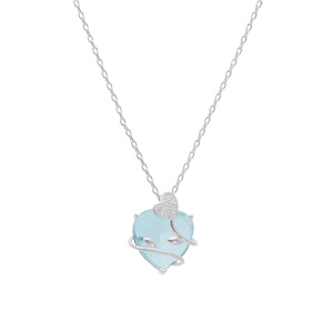 Collier en argent platin chane avec pendentif coeur oxyde bleu ciel et arabesque d\'argent 42+3cm - Vue 2