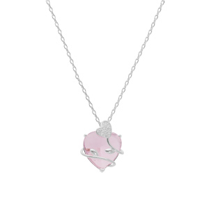 Collier en argent platin chane avec pendentif coeur oxyde rose et arabesque d\'argent 42+3cm - Vue 2