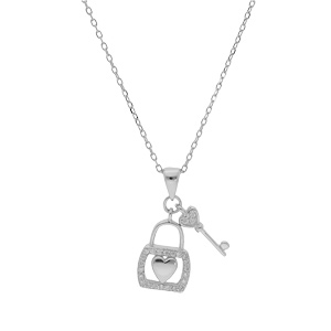 Collier en argent rhodi chane avec pendentif cadenas coeur et clef oxydes blancs sertis 39+2+2cm - Vue 2