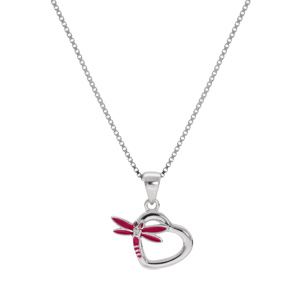 Collier en argent rhodi chane avec pendentif coeur et libellule couleur rose longueur 36+2cm - Vue 2