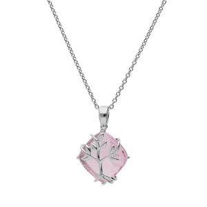 Collier en argent platin chane avec pendentif oxyde rose motif arbre de vie 42+3cm - Vue 2