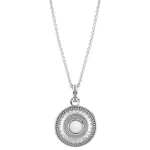 Collier en argent rhodi forme chane avec pendentif rond et Nacre vritable 40+4cm - Vue 2