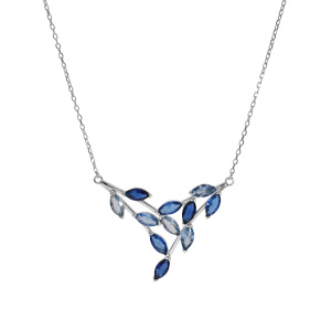 Collier en argent rhodi motif feuillage empierr avec oxydes bleus ciel et bleus fonc longueur 40+5cm - Vue 2