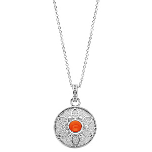 Collier en argent rhodi chane avec pendentif rond motif fleur pierre couleur corail 40+4cm - Vue 2