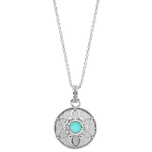 Collier en argent rhodi chane avec pendentif rond motif fleur pierre couleur turquoise 40+4cm - Vue 2