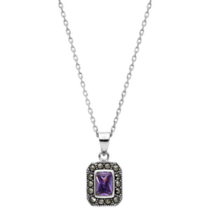 Collier en argent rhodi collection joaillerie chane avec pendentif oxyde violet contour Marcassite 45cm - Vue 2