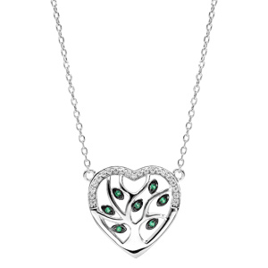 Collier en argent rhodi chane avec pendentif coeur avec arbre de vie empierr vert  40+5cm - Vue 2