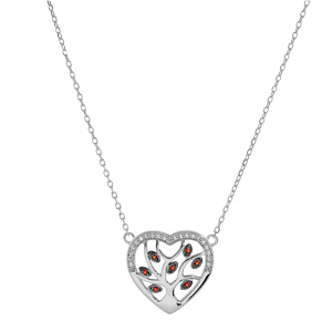 Collier en argent rhodi chane avec pendentif coeur avec arbre de vie pierres rouges et contour oxydes blancs sertis 40+5cm - Vue 2