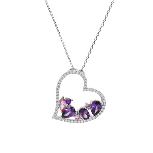 Collier en argent rhodi massif chane avec pendentif coeur et oxydes violets et roses contour oxydes blancs 40+5cm - Vue 2